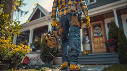Handyman seen from behind, holding a tool bag and wearing work gloves, as he steps towards the front door of a residential house