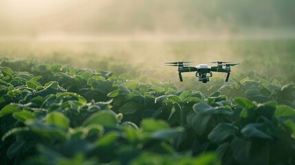 A bird's-eye view of a drone operating over a soybean field, with a visible mist creating a translucent layer above the green crops.