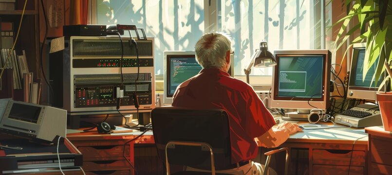 Elderly Programmer Working on Legacy Software Project in a Sunlit Study with Vintage Computers