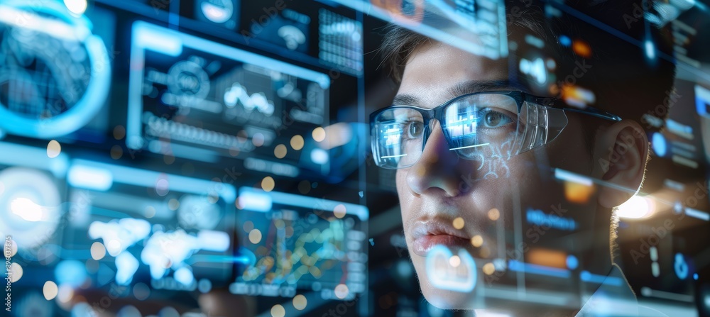 Poster young engineer testing advanced technology in modern laboratory with digital data displays