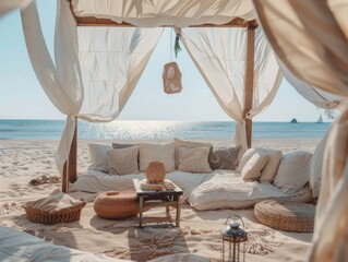 Cozy beach picnic setup with fabric tent, white curtains, plush sofas, and soft cushions