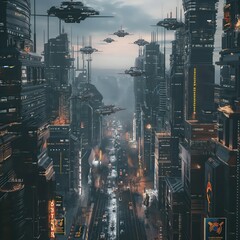 Futuristic city with flying vehicles and illuminated skyscrapers