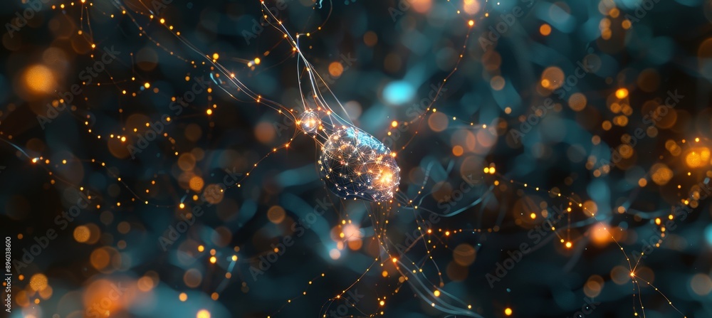 Poster intricate 3d visualization of brain's neural network with glowing pathways and nodes for scientific 