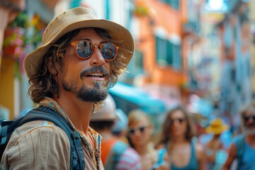 Fototapeta premium A man wearing a sun hat and a backpack roams through a lively and colorful city street, teeming with people, shops, and vibrant facades, capturing the essence of urban adventure.