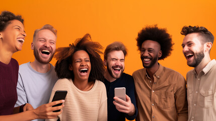 Obraz premium a group of friends smiling and laughing while gathered around a smartphone, sharing joyful moments. The setting has a warm orange background, emphasizing the fun and energetic vibe