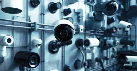 Variety of CCTV cameras in the store. CCTV system suitable for use as a building security monitoring tool.