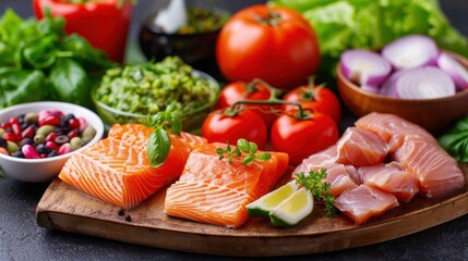 Fresh Salmon and Vegetables on Wooden Cutting Board.