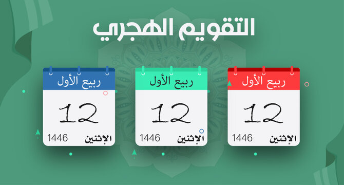 Islamic Hijri Calendar Design: Three Calendars on Green Background with Red, Green, and Blue Variants