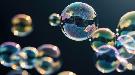 Close-up of iridescent soap bubbles floating against a dark background.