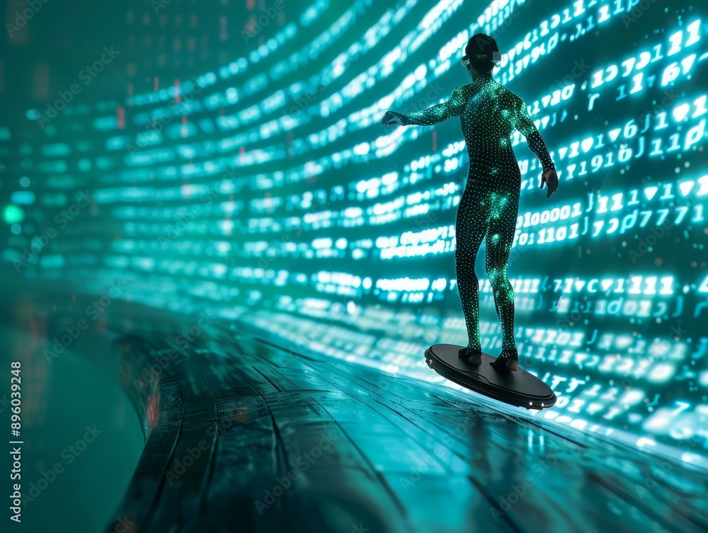 Poster unique photography man on hover board surfing binary code wave in an extraordinary shot