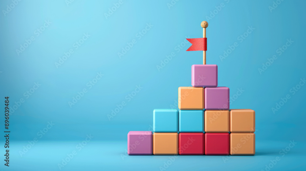 Poster flat design image of a wooden blocks tower topped with a flag, symbolizing success and growth in bus