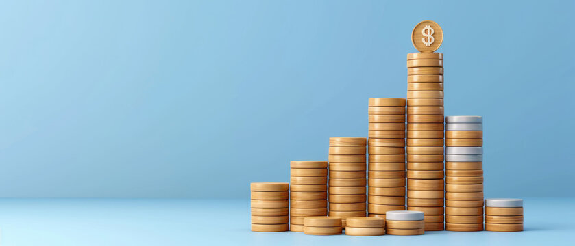 A flat design illustration of wooden blocks stacked in ascending order, symbolizing growth and financial success in business or personal finance contexts.