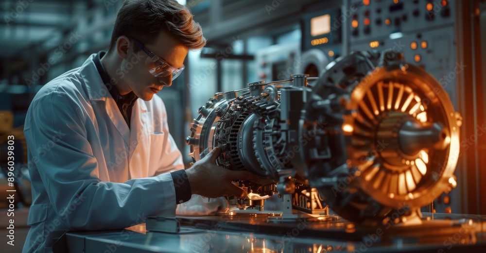 Poster scientist in a white coat examining a complex machine in a laboratory setting