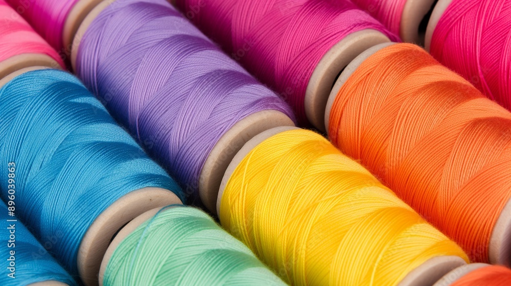 Poster a row of colorful spools of thread. the spools are of different colors and are arranged in a row