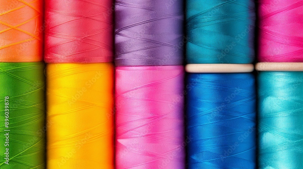 Poster a row of colorful spools of thread. the spools are arranged in a rainbow pattern. the colors are bri