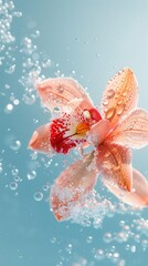 Pink orchid flower with water drops and bubbles
