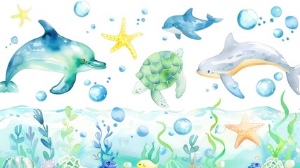 Watercolor illustrations of cute sea animals such as dolphins, sea turtles, fish, crabs and starfish. The animals are drawn in soft shades of blue and green, surrounded by bubbles 