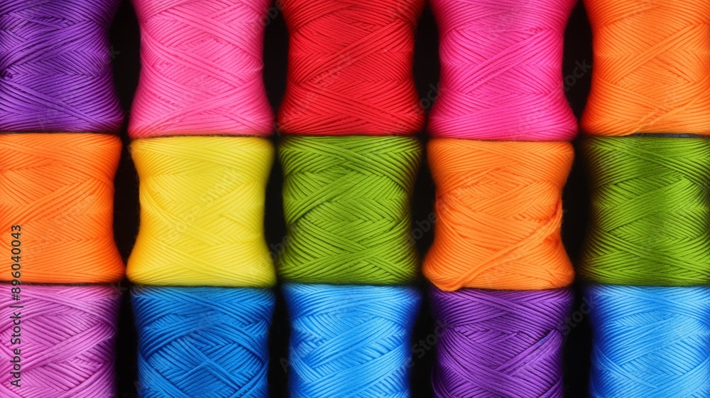 Aufkleber a row of colorful yarns are displayed in a rainbow pattern. the colors are vibrant and eye-catching,