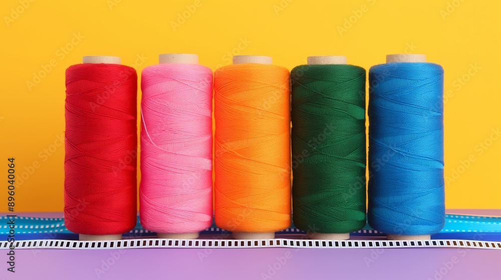 Poster a row of colorful spools of thread are lined up on a yellow background. the spools are of different 
