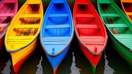 A row of colorful boats are floating in the water. The boats are of different colors, including red, yellow, and green. Concept of vibrancy and liveliness