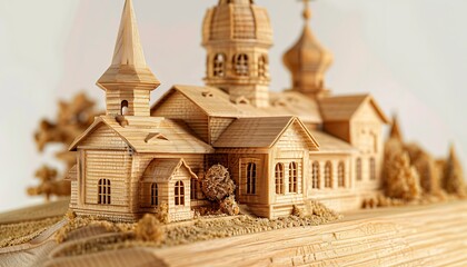 A detailed hand-carved wooden model of an old country church featuring a steeple and small windows set against a white background The grain of the wood adds texture and warmth