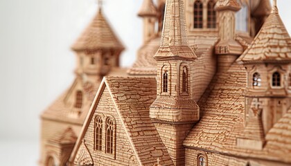 A detailed hand-carved wooden model of an old country church featuring a steeple and small windows set against a white background The grain of the wood adds texture and warmth