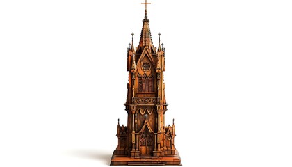 A detailed wooden church icon with a tall steeple and intricate carvings standing against a white background The warm tones of the wood and fine craftsmanship are highlighted