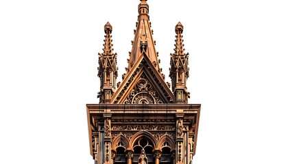 A detailed wooden church icon with a tall steeple and intricate carvings standing against a white background The warm tones of the wood and fine craftsmanship are highlighted