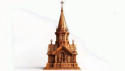A detailed wooden church icon with a tall steeple and intricate carvings standing against a white background The warm tones of the wood and fine craftsmanship are highlighted