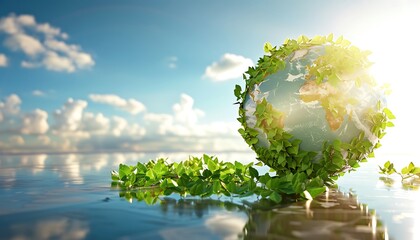 A globe with continents made of fresh green leaves, placed on a reflective surface with a bright blue sky and sunlight in the background.