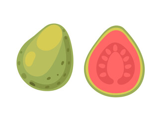 Fresh ripe guava, whole and halved tropical exotic fruit. Suitable for tropical fruit features, culinary uses in smoothies and desserts, and health-focused content. Vector illustration