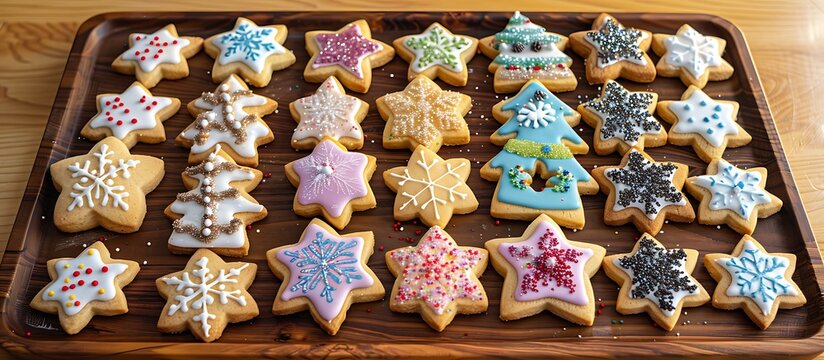 A festive arrangement of Christmas cookies shaped like trees stars and snowflakes decorated with colorful icing and sprinkles displayed on a wooden tray