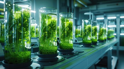 A laboratory scene with bioreactors filled with genetically modified algae producing biofuels under controlled conditions.