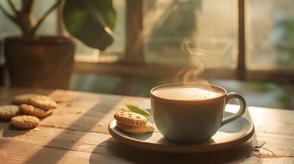 Steaming Cup of Chai Tea with biscuits on wooden table sunlight coming from window, calm and aesthetically pleasing 
