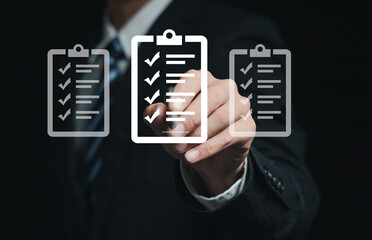 Businessman managing business documents in company on virtual screen. Documents with a list of checkboxes. E-document management, Paperless office concept