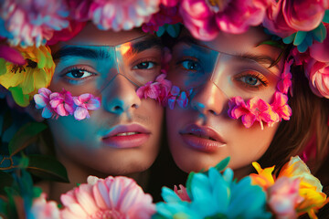 Obraz premium Floral spring concept of fresh spring flowers in vivid colors on the face and hair of a young guy and girl. Portrait of young beautiful couple in love