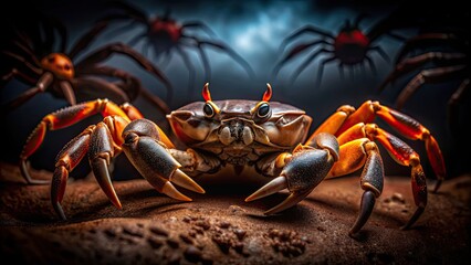 Fototapeta premium Spooky Halloween-themed stock photo of a Geosesarma Vampire Crab in a dark setting, perfect for October designs, crab, vampire