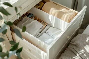 Cozy bedroom top view of cute folded clothes in light beige drawer, creating a warm ambiance