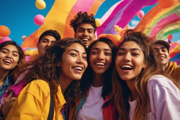 Diverse group of young people smiling and laughing with colorful flags