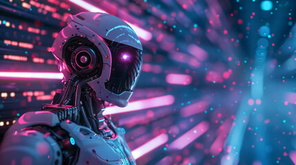 Humanoid AI artificial intelligence robot in an abstract digital environment, purple and blue neon colors background.  Concept of futuristic digital technologies. 