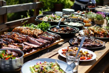 Obraz premium Abundant BBQ Feast on Wooden Table - Ideal for Hospitality and Culinary Promotions