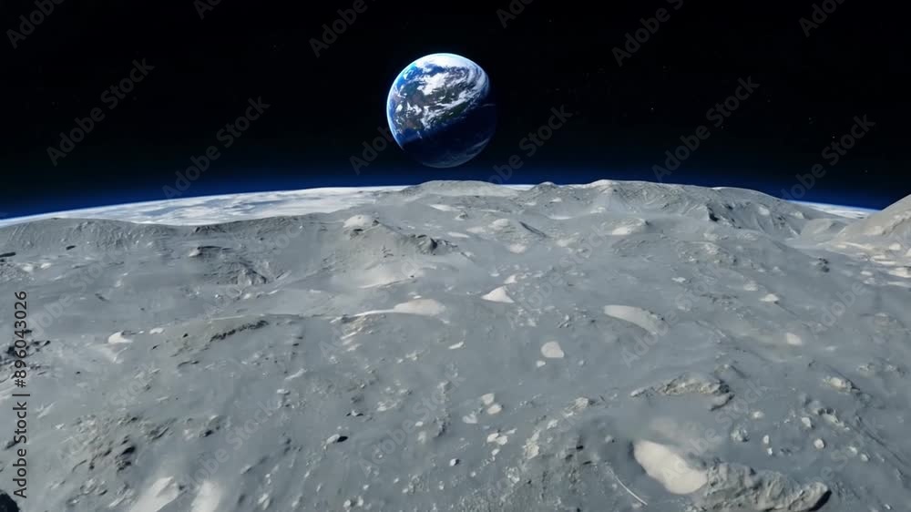 Poster a view of earth rising over the moon's desolate surface from lunar orbit.