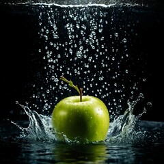 Splash water apple in a burst of water droplets, each one capturing the light.