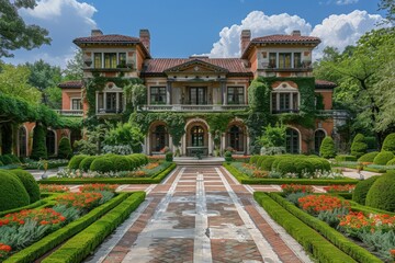 Obraz premium Elegant mansion with manicured gardens and walkway.