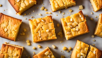 Golden Organic Homemade Cornbread cut into squares
