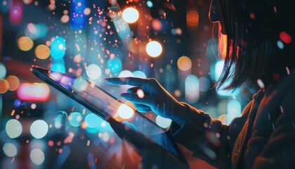Woman pointing at tablet screen in night office, with blurred background and flares, horizontal shot
