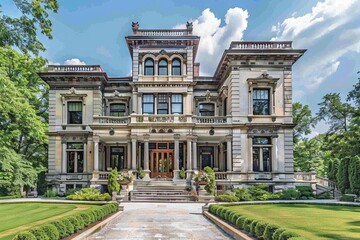Majestic Victorian Mansion with Stone Facade and Lush Landscape.