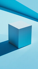Minimalist blue cube on blue background, abstract