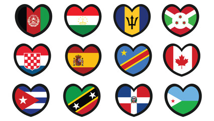 Fototapeta premium Heart shaped national flags set vector illustration design. country flags collection.