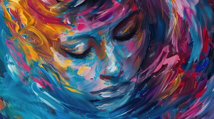 abstract portrait of a woman with swirling colorful brushstrokes representing emotions and thoughts vibrant hues blend to create a powerful representation of mental wellbeing